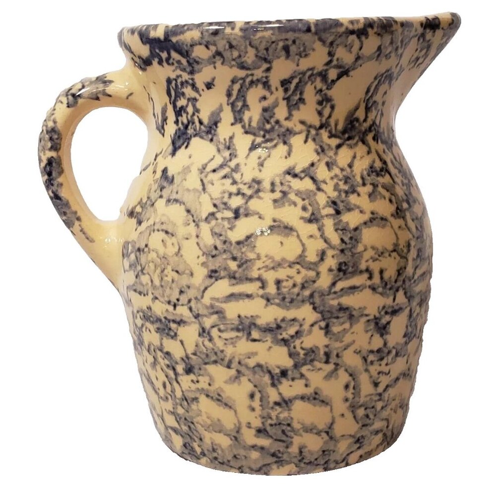 Robinson Ransbottom Creamer Blue Spongeware Roseville USA Pottery 1 pint Pitcher